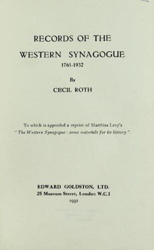 Records of the Western synagogue, 1761-1932